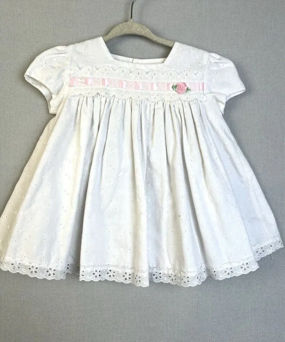 C. I Castro & Co Dress Baby Girl 12 Mos White Pink Eyelet Puffed Sleeves Party